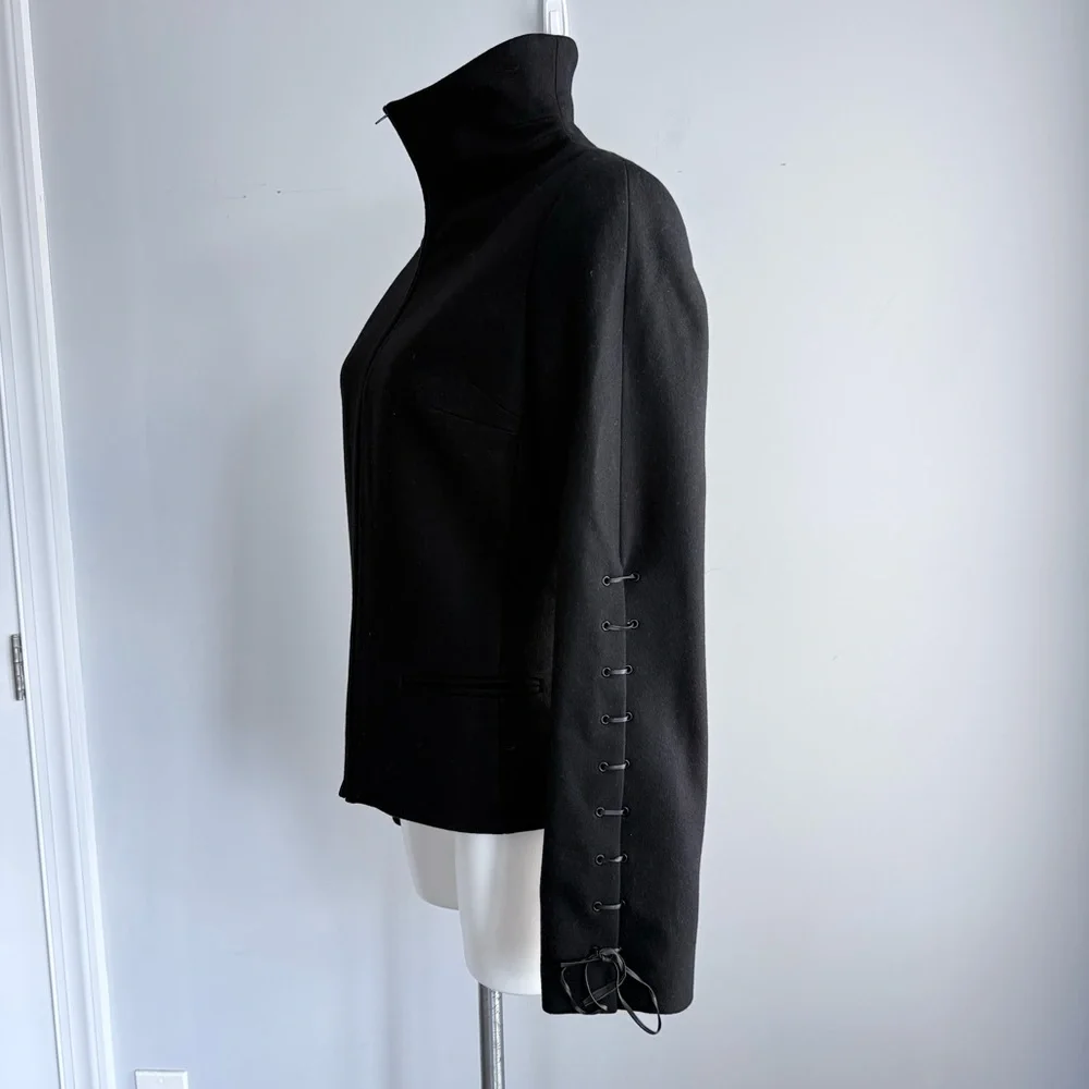 TOMASO Stefanelli Black Wool Cashmere Peacoat Lace-Up Sleeve Designer Jacket M - Picture 6 of 16